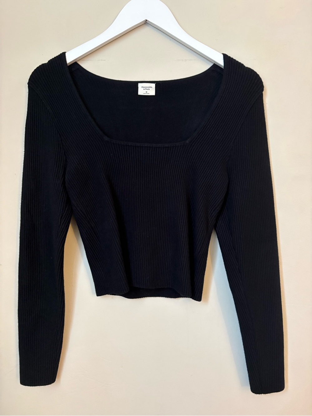 Abercrombie & Fitch Black Ribbed Long-Sleeve Square Neck Top